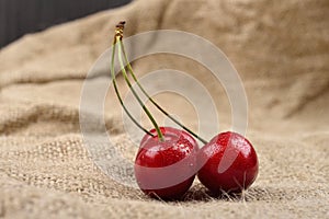 Horizontal photo of tree red cherries with water drops which are together on one green branch on jute on a table. Selective