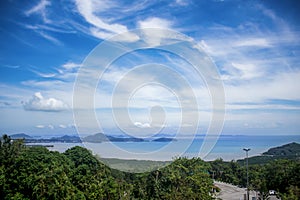 View from Khao-Khad Views Tower looking northeast to Andaman Sea, Ko Sire island, mountains. With interesting blue sky.