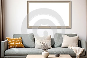 Horizontal picture frame mockup in living room interior, blank copyspace, light tones, poster mock-up. Generative AI