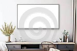 Horizontal picture frame mockup in modern living room interior, blank copyspace, grey tones, poster mock-up. Generative AI