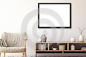Horizontal picture frame mockup in modern living room interior, blank copyspace, soft tones, poster mock-up. Generative AI