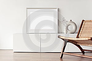 Horizontal picture frame mockup on a wall. Artwork template in interior design.