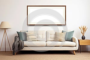 Horizontal picture frame with passe-partout mockup in living room interior, blank copyspace, light tones, poster mock-up. photo