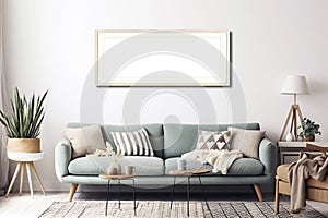 Horizontal picture frame with passe-partout mockup in modern home interior, blank copyspace, light tones, wall art mock-up. photo