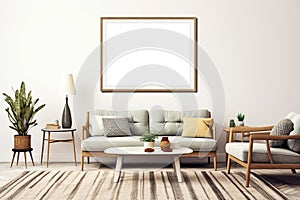 Horizontal picture frames with passe-partout mockup in living room interior, blank copyspace, beige tones, wall art mock-up. photo