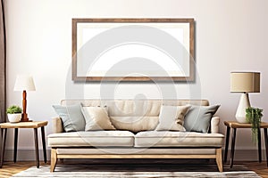 Horizontal picture frames with passe-partout mockup in living room interior, blank copyspace, light tones, poster mock-up. photo