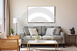 Horizontal picture frames with passe-partout mockup in living room interior, blank copyspace, light tones, wall art mock-up. photo