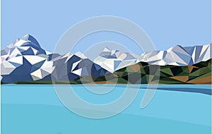 Horizontal polygon landscape.snow mountains and lake.