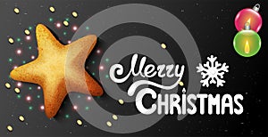 Horizontal postcard with star shaped christmas cookie and text merry christmas
