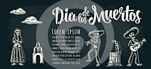 Horizontal poster for Day of the Dead. Dia de los Muertos lettering.