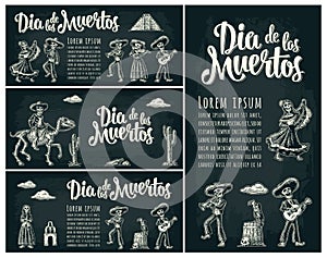 Horizontal poster for Day of the Dead. Dia de los Muertos lettering.