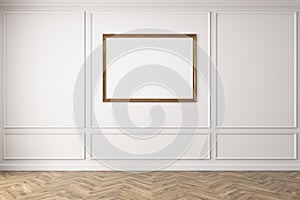 Horizontal poster in empty blue room, wooden floor