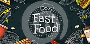 Horizontal poster fast food menu. Vector white engraving on black