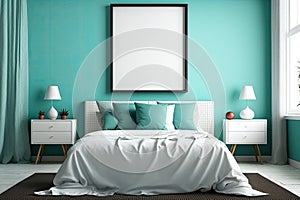 Horizontal poster frame mock up on cyan wall in bedroom. illustration