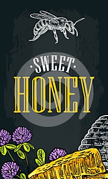 Horizontal poster with honey, honeycomb, jar, spoon, bee.