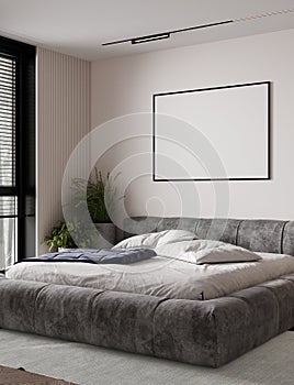 Horizontal poster mockup with black frame in modern style bedroom interior with gray bed, plant and empty beige wall background.