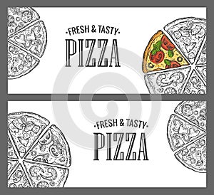 Horizontal poster with monochrome and colorful slice pizza