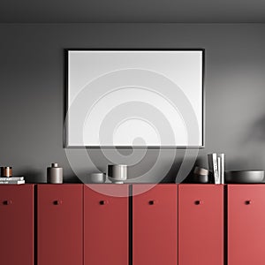 Horizontal poster with a red sideboard on a living room wall