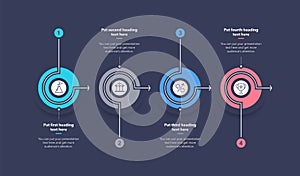 Horizontal process infographic template with four stages - dark version