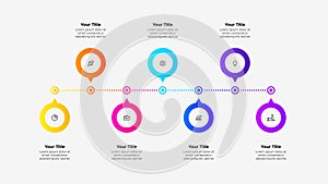 Horizontal process visualization infographic with 7 steps, options or processes