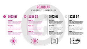 Horizontal quarterly roadmap with milestones and technical clipart on a white background. Timeline infographic template for