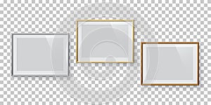 Horizontal rectangle silver, golden and bronze picture or photo frames set isolated on transparent background. Vector