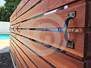 Horizontal Redwood Pool Equipment Cover Removable Fence photo