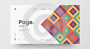 Horizontal responsive web design project layout. Abstract geometric pattern banner mock up. Landing page block vector template.