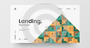 Horizontal responsive web design project layout. Abstract geometric pattern banner mock up. Landing page block vector template.