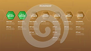 Horizontal roadmap with hexagon stages on golden background. Timeline infographic template for business presentation. Vector