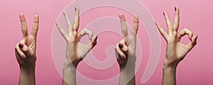 Horizontal row collection of female hands gesturing the digits of the new year 2020 in sign language on a colored pink background
