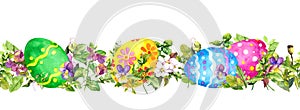 Horizontal row of Easter eggs hidden fresh green grass, spring flowers. Watercolor seamless banner, border