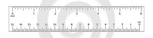 Horizontal ruler with 6 inch and 15 centimeter scale. Measuring chart with markup and numbers. Distance, height or