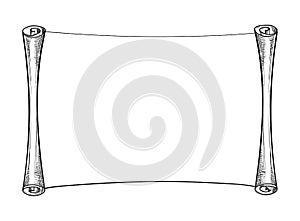 Horizontal scroll paper, ancient scroll shape with copyspace, vector line drawing, engraving. Hand drawn illustration