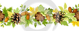 Horizontal seamless background with autumn leaves, cones and acorns. Vector illustration. photo