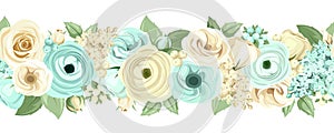 Horizontal seamless background with blue and white flowers. Vector illustration. photo