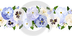 Horizontal seamless background with blue and white pansy flowers. Vector illustration.