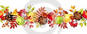 Horizontal seamless background with colorful autumn leaves, apples and cones. Vector illustration.