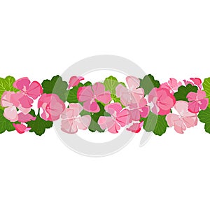 Horizontal seamless background with colorful geranium flowers and leaves.