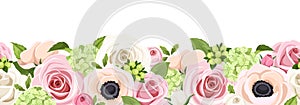 Horizontal seamless background with colorful roses, anemones and hydrangea flowers. Vector illustration.