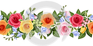 Horizontalmente sin costura vistoso rosas a fresia flores. ilustraciones 
