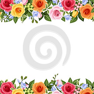 Horizontal seamless background with colorful roses and freesia flowers. Vector illustration.