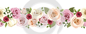 Horizontal seamless background with colorful roses and lisianthus flowers. Vector illustration.