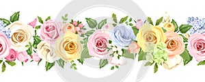 Horizontal seamless background with colorful roses and lisianthus flowers. Vector illustration.