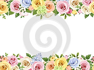 Horizontal seamless background with colorful roses and lisianthus flowers. Vector illustration.