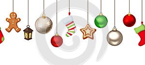 Horizontal seamless background with hanging Christmas decorations. Vector illustration.