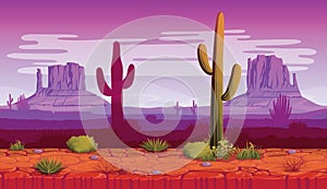 Horizontal seamless background of landscape with desert and cactus