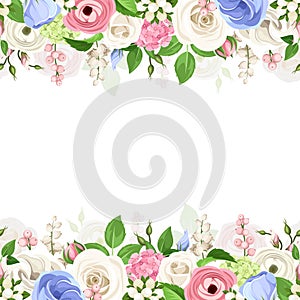 Horizontal seamless background with pink, white and blue flowers. Vector illustration.