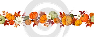 Horizontal seamless background with pumpkins and autumn leaves. Vector illustration.