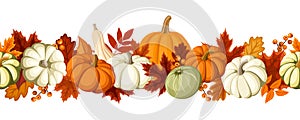 Horizontal seamless background with pumpkins and autumn leaves. Vector illustration. photo